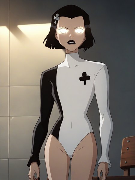 <lora:AcePony1.0:0.85> ace, 1girl, black hair, solo,  white leotard, short hair, hairclip, black lipstick,glowing eyes,  long sleeves, bob cut,club \\(shape\\) , cowboy shot,score_9, score_8_up, score_7_up, score_6_up, score_5_up, score_4_up