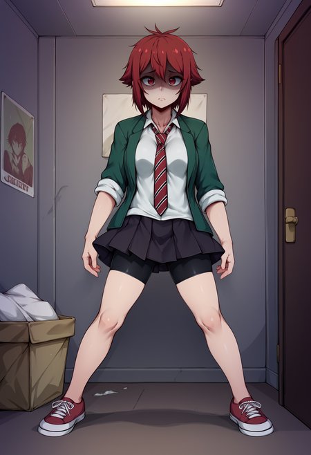 score_9, score_8_up,score_7_up, source_anime,art by spe BREAK
1girl, solo, <lora:aizwtm_pdxl_EliPot:1>, outfitgrnsc, red hair, short hair, red eyes, tomboy,
collared shirt, striped necktie, pleated skirt, school uniform, green jacket, white shirt, red footwear, black shorts, sneakers, open clothes, bike shorts under skirt, red necktie, open jacket, sleeves rolled up, black skirt,
messy room, posters, game console, old apartment, dark room, junk, trash, in distress, shaded face, closed mouth,  sad, raised eyebrows,