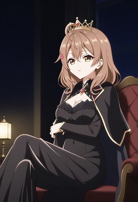 (masterpiece:1.2, best quality, highres, Anime art style) ,(Beat expression), multiple girls,maria mikhailovna kujou,maria mikhailovna kujou, medium hair, brown hair, ahoge, hair between eyes, hair ornament, brown eyes,(queen, royal gown, cape, regal, majestic, elegant, velvet, embroidered, ornate, elaborate, embellishments, crown,  armchair, ojou-sama_pose, hand up, night, night sky, dark theme, dim lighting, dark background, dark room, backlighting,(arm under breasts:0.7))