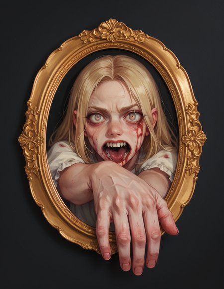score_9, score_8_up, score_7_up, score_6_up, score_5_up, score_4_up, hud_3dfr4me, no humans, horror \(theme\), blood, long blonde hair, demon girl, hand reaching towards viewer, sticking out, picture frame, foreshortening, <lora:framed:0.7>,