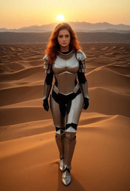 1girl, female, beautiful, natural, perfect, in her 20s, (MJOLNIR armor))), (((Linda-058))), fragile face, ginger hair, curly hair, long hair, loose hair, green eyes, freckles, feminine, fit, big chest, BREAK telephoto, full body, standing gracefully, looking at viewer, sunset, big sun, warm light, contour light, (sand dunes), mountains on the horizon, clear sky, realistic, photorealistic, detailed, score_9, score_8_up, score_7_up