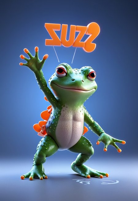 A 3D Pixar movie like Frog. Simple background. Holding sign that says "Need Buzz for Jump." Masterpiece, High quality, Ultra Details, Buzz2
