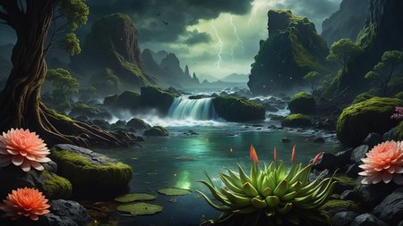 Hyperrealistic art A dark and atmospheric scene inspired by H.P. Lovecraft's "The Call of Cthulhu." In the foreground, the ancient, crumbling city of R'lyeh rises from the depths of the ocean, with its non-Euclidean architecture and impossible angles, covered in seaweed and strange, glowing algae. Towering above the city, the monstrous figure of Cthulhu emerges from the water, his grotesque, squid-like head with writhing tentacles, and massive bat-like wings casting a shadow over the landscape. His eyes glow with a malevolent, otherworldly intelligence. The sky is dark and stormy, with lightning illuminating the chaotic, nightmarish scene. Jagged rocks and towering waves crash around the city, adding to the sense of impending doom. The background features a turbulent ocean and a chaotic, swirling sky filled with dark clouds and flashes of lightning. The atmosphere is filled with a sense of cosmic dread and horror, capturing the terrifying and unfathomable nature of Lovecraft's universe. The overall style is highly detailed and realistic, emphasizing the ancient, alien nature of R'lyeh and the monstrous presence of Cthulhu. 
 <lora:Enhanced_XL_V1:0.8> enhanced, Hyperrealistic art Hyperrealistic art A stargate bustling futuristic cityscape, floating in post-nuclear war destroyed world with nuclear fallout, creating a juxtaposition between advanced technology and human greed, complete with hyperrealistic detail, cinematic lighting and vibrant colors <lora:world_glass:1>, dynamic, cinematic, masterpiece, intricate, hdr, . Extremely high-resolution detail, photographic, realism taken to the extreme, fine texture, incredibly lifelike . Extremely high-resolution details, photographic, realism pushed to extreme, fine texture, incredibly lifelike, RAW Proffesional Photography of a landscape, Long shot, __Kamera__, (comet:0.1), (flowers:0.1), (water lilies:0.1), (insects:0.1), (animals:0.1), (birds:0.1), (waterfall:0.1), (Fish in water:0.1),(Tundra:0.1), (Desert:0.1), (Rainforest:0.1), (Mountains:0.1),  ( Frontal fog:0.1), (Waves:0.1), (Stars:0.1), Sunny, psychedelic, entropy, shallow depth of field detailed background, dark noir style, HDR, RAW, ray tracing reflections, sharp focus, ultra realistic, 12k  <lora:add-detail-xl:1>, cinematic photo, a extreme deep underwater world in which occasionally (full body view of a Orca:2.0), coral reefs, algae, underwater plants, colorful fish, The scene features clear water with (random time of day, random weather:1.3), love and entropy are depicted throughout the scene, with mini insects and microcosms complementing the detailed background, HDR, RAW, ray-traced reflections, sharp focus and ultra-realistic detail, 35mm photograph, film, bokeh, professional, 4k, highly detailed
<lora:SDXLHighDetail_v5:1> <lora:more_details:1>, nsfw, Raw poster, concept art, landscape, psychedelic, Raw poster, concept art, landscape, psychedelic, depicting a two-part scenario of the same scene: in the upper half, a dark magic ocean  lonely islands with palms, coconut trees, waterfalls, flowers, insects, birds, where dolphins play in the waves and the occasional shark fin breaks the surface; transitioning seamlessly into the lower half, a microcosm of an very deep and very dark underwater world with (colorful fish, mystical lights, coral reefs, seaweed, underwater plants:1.3),  and occasional (orcas:0.9) and sharks gliding through the depths., foggy, random weather, random daytime,  (love:1.3), (spring saeson in the ball:1.3), entropy, (mini insect:0.1), shallow depth of field detailed background, sunshaft, surreal, dark noir style, HDR, RAW, ray tracing reflections, sharp focus, ultra realistic, 12k
<lora:dreamcolor:0.3> <lora:EDG_-_Test_Lora:0.3> <lora:more_details:0.3>, Raw poster, concept art, landscape, psychedelic, Cloudy,Twilight, Crescent moonlight,beautiful waterfall in the middle of a forest, swiss landscapes, (love:1.1), Ice fog, entropy, (mini insect:0.1), (shallow depth of field detailed background:1.2), dark noir style, HDR, ray tracing reflections, sharp focus, ultra realistic, 12k <lora:add-detail-xl:1><lora:LowRA:1> <lora:more_details:1> ,m0nst3rfy3 <lora:m0nst3rfy3(0.5-1)M:1>, <lora:SDXLHighDetail_v5:1> . Extremely high-resolution details, photographic, realism pushed to extreme, fine texture, incredibly lifelike