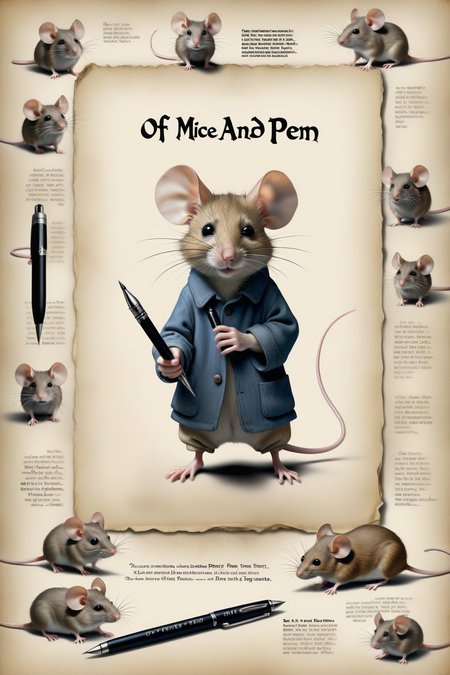 Movie Poster page "Of Mice and Pen" text:"Of Mice and Pen"<lora:EMS-251729-EMS:0.800000>, <lora:EMS-371669-EMS:0.900000>