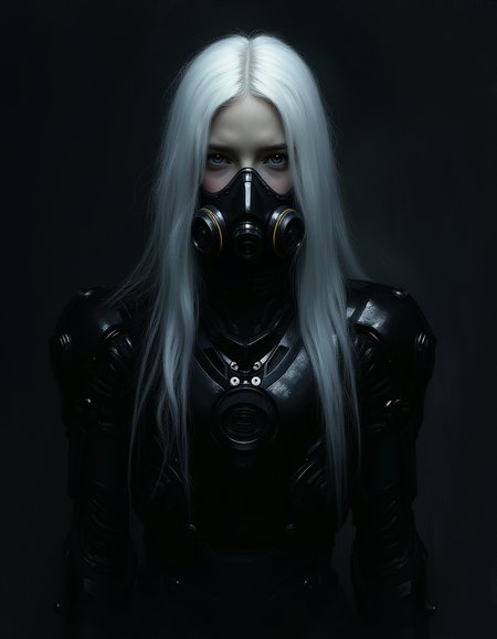 Minimalist painting of a teen girl wearing a black Iron Man suit, a futuristic gas mask, innocent, white skin, pale skin, blue eyes, long white hair, dynamic poses, inside a dark space ship, stepping out of darkness, ultra detailed, realistic, romantic, smooth skin, clear skin, white skin, white hair, Focus on the girl, shadow and light, Masterpiece, intricate lines, intriguing atmosphere, sharp magnificent details, delicate features, elaborate details, (2\3 rule composition:0.5), ultra detailed, innocent, romantic, Rembrandt lighting, brush stroke, lovely, in the style of Rembrandt, vantablack <lora:style_of_Rembrandt_FLUX_135:.8> <lora:- Flux1 - vanta_black_V2.0:.8>  <lora:neeeg_f1:-.5>