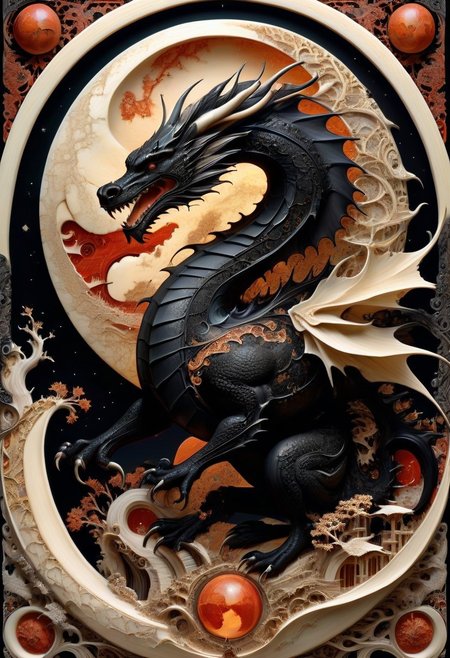 Majestic digital artwork: Profile of ultimate armoured ninja stands serenely beside colossal black dragon wrapped around massive blood-red full moon. Dramatic lighting casts warm glow from moon, highlighting ninja's imposing figure and dragon's intricate scales, sharp claws, and expressive features. Muted greys and whites swirl in background, contrasting with vibrant reds and deep blacks. Textured moon's surface glistens with subtle highlights.
made of scrimshaw traversing an enchanted forest path made of scrimshaw , dusk time ambiance, detailed, fantasy art , neon outlines  made out of scrimshaw, ebony, ivory, scrimshaw, bone carving