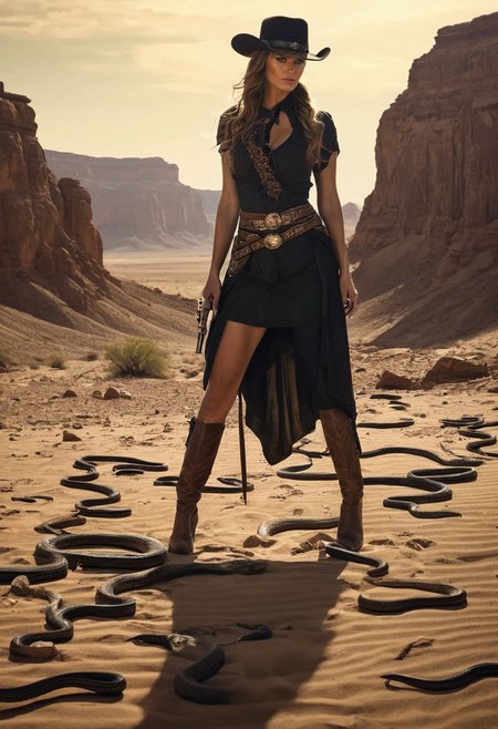 professional, (4k photo:1.1) , (Sharp focus:1.3), high detail, (extremely thin, slender, slim, long legs),
 <lora:spotlight:1> dark theme, silhouette, magical lighting, fantasy,
(Beneath a cracked desert where the ground pulses with the heartbeat of an ancient giant buried below, a woman with hair made of live serpents digs for artifacts, using the snakesâ hisses as a bizarre form of sonar to locate relics that thrum with the giant's dreams and memories.,Saloon brawl turned gunfight, inside a rowdy Western saloon, a poker game goes wrong, leading to a chaotic gunfight. A gunslinger flips a table for cover, firing his revolver as bottles and chairs fly. The bartender ducks, and patrons scatter. Camera angle captures the action from behind the bar, showing the dynamic movement and wild expressions, filled with action and old Western charm.:1.2)
<lora:greg_rutkowski_xl_2:0.8> greg rutkowski, , (expressionism, impressionism, broad brush strokes:1.4)