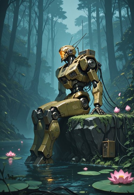 masterpiece, best quality, good quality, very awa, very aesthetic, absurdres, newest, solo, sitting, flower, outdoors, water, no_humans, depth_of_field, looking_up, robot, scenery, nature, mecha, science_fiction, cable, radio_antenna, lily_pad, lotus, humanoid_robot, Robot Uprising,Apocalyptic Earth,Futuristic, Cinematic Lighting