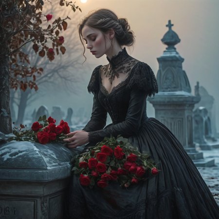 epiCRealism, masterpiece, highly detailed, one girl, pale and delicate, mourning in front of a tomb in a frozen winter morning, mist still clings to the ground while a timid Sun rises on the horizon, a bright red bouquet of roses lays on the tombstone, she wears a highly detailed black laced Victorian dress and sits on the earth in front of the tomb, the skirt spreads around her, view from the side, a small tear drops through her cheek,