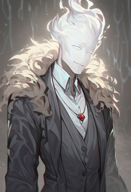 (((beautiful, high quality))), upper Body, score_9, score_8_up, score_7_up, 
FireHuman, white fire, empty eyes, 1male, white skin, white eyes, dark grey jumper, pendant, black pants,
looking at the viewer, posing, blurred background,