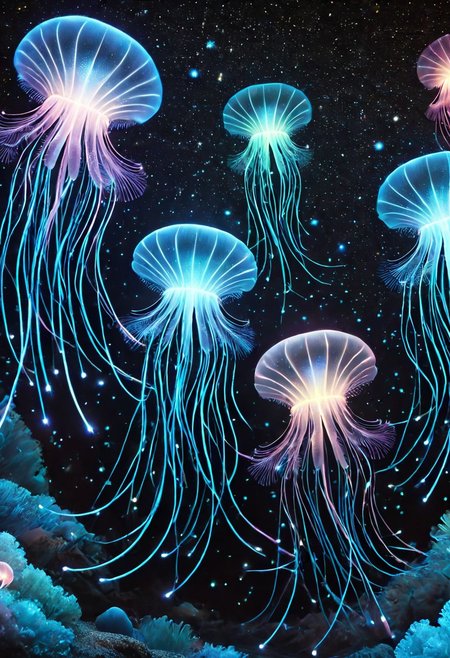 masterpiece, best quality, high resolution, absurdres, ultra-detailed, intricate details, ultra detailed, 8k, highly detailed, very aesthetic, professional 4k, Canon 5d mark 4, extremely detailed, very_detailed, high_detail, sharp focus, clean lines, perfect anatomy, realistic style,  
(cute jellyfish:1.1) illuminated by bioluminescent feathers. glowing feathers, casting a soft, ethereal light. 
The overall atmosphere is serene and magical, with a starry night sky visible.
black background, 
film grain, cinematic, colorful, moody lighting, natural light, soft light, depth of field, bokeh, light particles, backlight, chiaroscuro, refraction, subsurface scattering