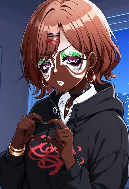 Score_9,score_8_up,score_7_up,score_6_up,source_anime,masterpiece, best quality, 4k, absurdres, 8k,detail,1girl,solo,neon glow,hoop earrings,dark-skinned female,ggr,(jet-black skin:1.2) BREAK
(yamanba, white facepaint makeup:1.3),face stickers,star stickers, heart stickers, eyeshadow, very dark skin, (glitter, long thick eyelashes),(green makeup),  BREAK
higuchi madoka, short hair, brown hair, purple eyes, hairpin, BREAK 
white shirt, collared shirt, hood, sweater, open black hoodie, collared shirt, gold bracelets, necklaces,choker,accessories, hair ornament,
4-finger heart hands,sideways,
(indoors:1.1),(night:1.2),room, (upper body), Dutch Angle Shot, (dynamic pose:1.2), face focus, eyes focus, BREAK 
Expressiveh,half-closed eyes, horny face, irritable, frowning,  BREAK OverallDetail,Frontlight,