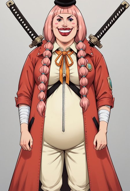 CharlotteLolaOP, 1girl, solo, chubby, long hair, pink hair, bangs, black hat, two pigtails, braids, black eyes, nose, shiny red lips, blush stickers, large head, teeth, one missing tooth, makeup, large breast, large belly, red coat, light green clothes, collar, neck ribbon, shoes, bandages, weapon, katana, weapon on back,
seductive pose, sexy pose, tease,  in the spotlight,,
smile,   jojo reference, 
score_9, score_8_up, score_7_up, beautiful aesthetic, very intricate, high quality details,vibrant, highly detailed, award-winning, professional,anime artwork, anime style, studio anime, athletic, curvy body, athletic girl, perky tits,large breast,perfect tits, round breasts, nipple outline,looking at viewer, pinup pose,teasing, dynamic lighting, cinematic, smug, better than you, aura of temptation, highly detailed, high resolution, masterpiece, detailed clothes, detailed background, highly detailed, ((sound effects)) comic layout,