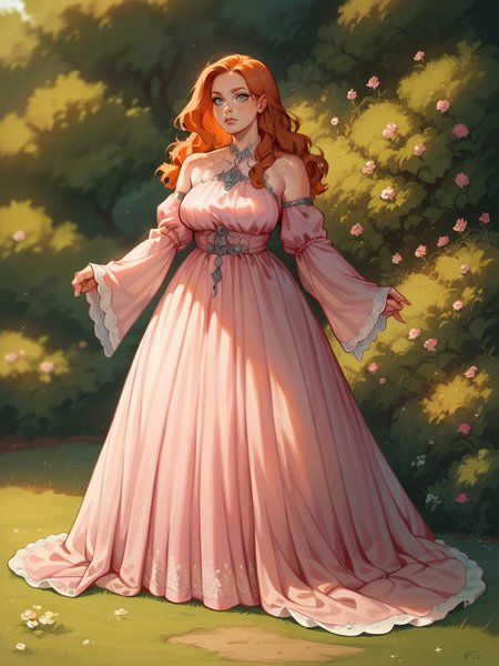 score_9, score_8_up, score_7_up, score_6_up, score_5_up, score_4_up, long hair, ginger hair, large breasts, <lora:Fr3ckledXLP:0.3> Fr3ckles,1girl, freckles, grey eyes  <lora:v0gp1nkXLP:0.5>v0gp1nk,bare shoulders,pink dress,long sleeves,full body,