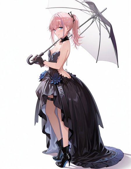 Volumetric Lighting, (masterpiece), (best quality), (ultra-detailed), masterpiece, source_anime, score_9, score_8_up, score_7_up BREAK, illustration, disheveled hair, detailed eyes, perfect composition, moist skin, intricate details BREAK, AR15, pink hair, blue eyes, long hair, ponytail,streaked hair, small breast BREAK, Dreamscape Prisoner, DP_backless_dress, DP_hair_ornament, DP_gloves, DP_high_heel_boots BREAK, ((white background)), looking at viewer,smile, fullbody, standing, holding umbrella, shadow, front view