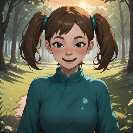 score_9, score_8, BREAK, solo, Mii, Wii, Black Eyes, Half circle eyebrows, big nose, half circle nose, blush, white skin, open mouth, green-ish brown hair, twintails, dark green clothing, 1girl, female mii, Wii Sports Resort, black pants, shoes, cute, medium breasts, Midori_(\Wii_Sports_Resort\), teeth, Nintendo Mii, modern_mii, classic_mii, sexy pose, self portrait, smile, outdoors, sunlight, shadows, evening lighting, natural lighting, forest, trees, grass, orange sky, sunset