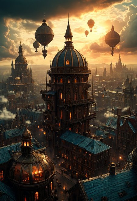 depicting a sprawling, fantastical cityscape with a steampunk aesthetic. The layout is a wide panoramic view showcasing a dense array of intricately designed buildings with pointed spires, domes, and elaborate architectural details. The structures are predominantly dark with hints of blue and bronze, creating a moody atmosphere. In the sky, several airships float among the clouds, adding to the steampunk theme. The city is bathed in a soft, diffused light, suggesting either dawn or dusk, with a warm glow emanating from windows and streetlights. Smoke rises from chimneys, contributing to the industrial feel. The foreground features a large, ornate dome with intricate patterns, while the background reveals a vast city stretching into the distance, with towering buildings silhouetted against the sky. The overall scene is rich in detail, evoking a sense of wonder and adventure.