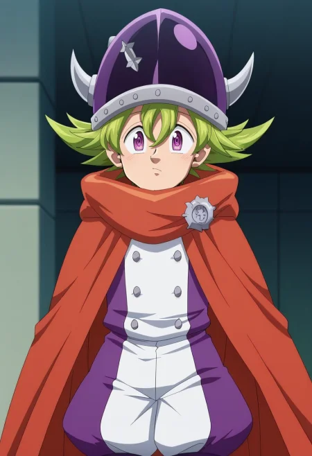 masterpiece, best quality, anime screencap, official style, anime coloring, cowboy shot, 1boy, solo, male focus, <lora:percival_nnt_mny_ilxl:0.92>, percival_nnt_mny, green hair, purple eyes, spiked hair, hair between eyes, bangs, helmet, horned headwear, orange cape, puffy shorts, , ,