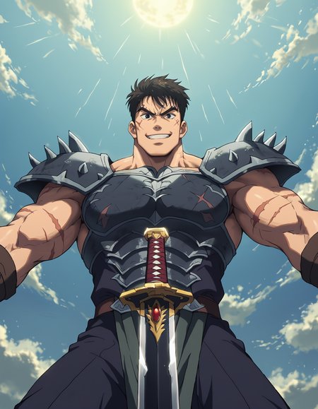 <lora:Ninja_Master_Gara:1>, low angle shot,
gara man, grin, armor, gloves, scar, muscular, holding sword, black eyes, (wide round face:1.2), (dynamic pose:1.5), nighttime moonlight,
<lora:S1_Dramatic_Lighting_v2:0.6>,  <lora:add-detail-xl:0.5>
