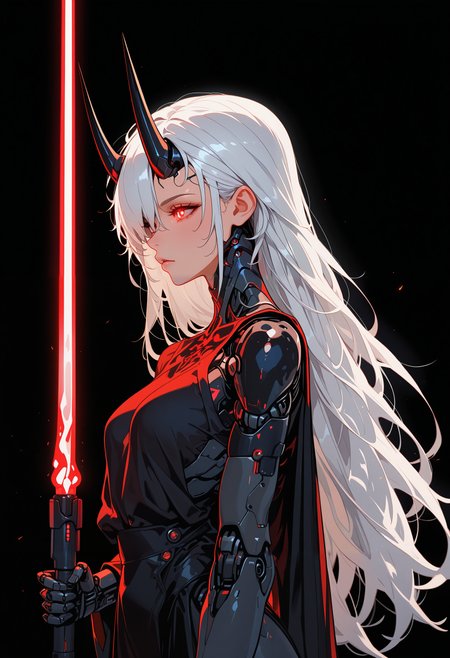 masterpiece, best quality, good quality, very aesthetic, absurdres, newest, 8K, depth of field, focused subject, 
side view, 
in the style of ckncore, 1girl, solo, glowing black hair, white hair, hair over one eye, long hair, red eyes, glowing eyes, devil eyes, horns, sith clothing, robe, joints, robot joints, cyborg, holding red lightsaber, black background