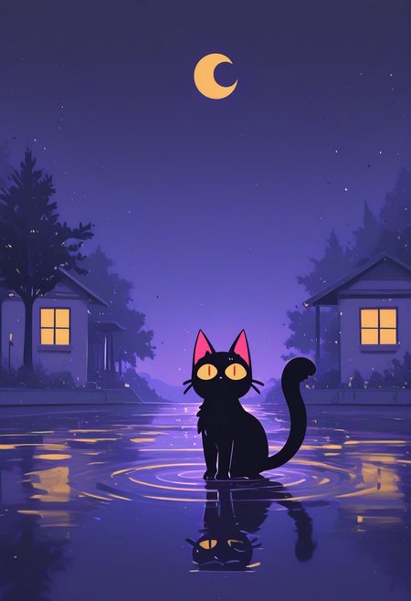 masterpiece, best quality, good quality, very awa, newest, highres, absurdres, yellow eyes, outdoors, water, tree, no humans, window, night, moon, cat, building, colored sclera, reflection, animal focus, black cat, crescent moon, ripples, yellow sclera, puddle, reflective water, limited palette, <lora:illustriousXL_stabilizer_v1.23:0.3> <lora:NOOB_vp1_detailer_by_volnovik_v1:0.3> <lora:ponyv6_noobE11_2_adamW-000017:0.3> <lora:114558v4df2fsdf5:0.6> <lora:XXX667:0.4> <lora:mon_monmon2133:0.5>, <lora:barleyshake-guy90-Illust-Lycorisv108:1> ekarab , 4ur4_illu, shiny, Rapscallionstyle ,vanripper ,