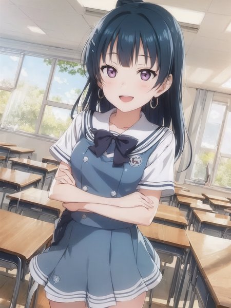 yoshiko, blue hair,<lora:yoshiko_v1:0.7>, original,(illustration:1.1),(best quality),(masterpiece:1.1),(beautiful and clear background:1.25),(extremely detailed CG unity 8k wallpaper:1.1), (colorful:0.9),(depth of field:0.75),( ink splashing:0.95),(color splashing:0.85),(watercolor:0.65),
\\
(cowboy shot:1.4),blue (school uniform:1.4),
1girl, bangs, :d, brown hair, blue_eyes, dress, earrings,looking_at_viewer, neck_ribbon, long hair, smile,
\\
classroom, indoor, sunny, detailed blue sky,