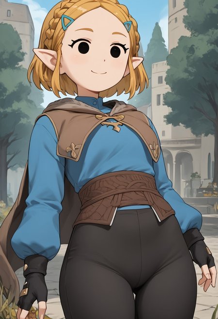 score_4,score_5,score_6,score_7_up,score_8_up,score_9 ((masterpiece,best quality,ultra detailed,highres,HD,4k:1.2)),
jyuukyuu, flat color, deformed, deformed characters, round face,
((mob face,black eyes, eyes filled with black)),
outdoors,
1girl, solo, girl forcus,solo forcus,
short hair,blond hair,crown braid, hairclip, pointy ears,Forehead,
brown cape, blue shirt, puffy sleeves, long sleeves, fingerless gloves, black gloves, black pants, tight pants smile,