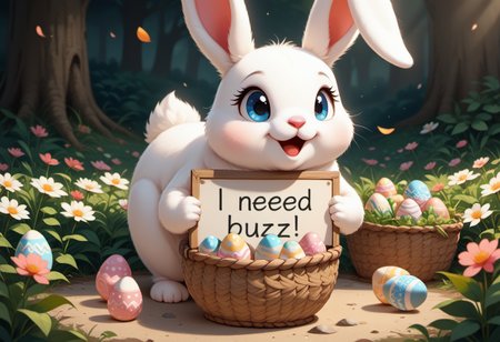 masterpiece, score_9_up, score_8_up, score_7_up, score_6_up, source_furry, (best quality:1.1), ultra-detailed, high resolution, highly detailed macro illustration, solo BREAK 1girl,, feral, bunny, female,  blue eyes, pink animal nose BREAK need_buzz, holding sign, sitting in an easter basket, BREAK sharp focus, perfect lighting, anatomically correct, extremely detailed, tranquil setting, high detail, Expressiveh, happy, content, detailed background, OverallDetail, zPDXL3