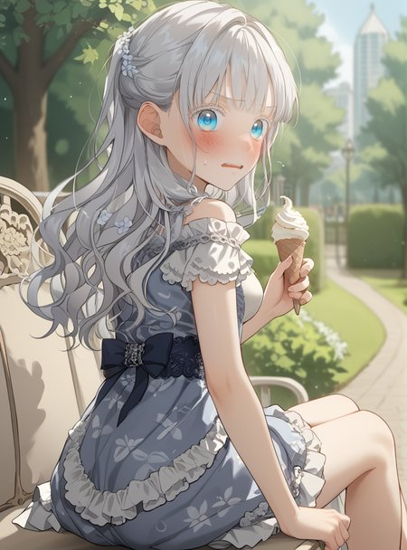 score_9_up, score_8_up, score_7_up, (Anime_source), 1girl, embarrassed, in park , looking at viewer, from side, dress, <lora:Aisha_Del_Elmir_-_Into_the_Light_Once_Again:1> aisha del elmir, 1girl, blue eyes, white hair, long hair, medium breasts, white eyeslash, bangs, seiza, looking back, from behind, sitting, ice cream
