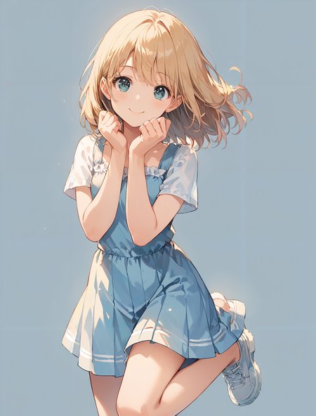 score_9, score_8_up, score_7_up,source_anime, high res image,masterpiece,best quality,(girl:1),cute face,clear skin,shiny hair,ultra detailed eyes,simple background   <lora:burikko pose_pony_V1.0:1> burikko pose, hands up,standing on one leg,smile