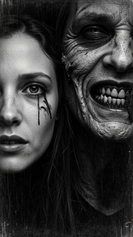 This image appears to be a black and white photograph with a gritty, textured style. The photograph features a woman's face on the left side, with her eyes wide open and a look of fear or shock. There is a noticeable streak of blood running down from her left eye, adding to the dramatic and intense atmosphere.

On the right side of the image, there is a grotesque, monstrous face with a distorted and menacing expression. The creature has sharp teeth, a wrinkled and decayed appearance, and an overall eerie and unsettling presence. The contrast between the woman's face and the monstrous creature creates a sense of tension and horror.

The overall tone of the image is dark and ominous, with high contrast between light and shadow, enhancing the dramatic and suspenseful mood. The texture and graininess of the image contribute to its gritty and raw aesthetic.
