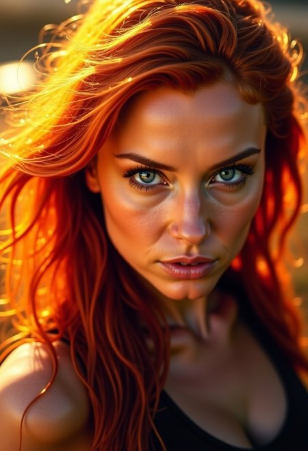 A woman with fiery red hair, her gaze intense and unwavering, stares directly at the viewer. The light catches her hair, making it glow with a fiery intensity. Her eyes, a piercing blue, hold a hint of danger and determination. The background is a blur of warm colors, suggesting a scene of action and excitement. [Warm lighting, vibrant colors, detailed textures, shallow depth of field, dynamic composition, blurred background]