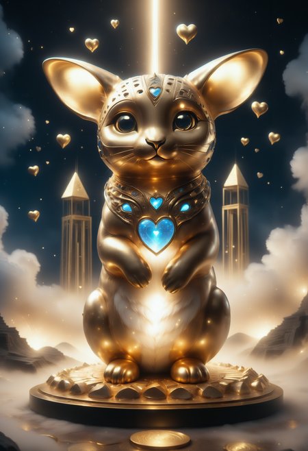 a cute zhibi domestic animal <lora:zhibi:0.8> made out of Jed-ANC <lora:ArtNouveauCopperStyle:0.9>, cuteness overload, surrounded by stardust and floating hearts <lora:heartmiststyle:0.5> in a starLS fantasy landscape <lora:stardustlandscapes-000006:0.7>, a highly detailed matte painting of a single great pyramid of giza with a single scoop in the fog, volumetric lighting, octane render, 4 k resolution, trending on artstation, masterpiece, fantastic aesthetic, grand illumination, stunning detail, best