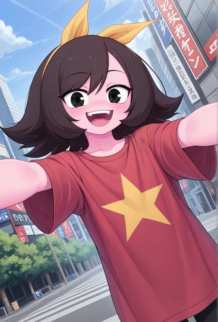 masterpiece,best quality,amazing quality, <lora:marigold_cabronpr_noob_v1.1f:1> marigold, 1girl, solo, hairbow, no nose, black eyes, looking at viewer, smile, open mouth, teeth, BREAK
red shirt, outstretched arms, pov, tokyo \(city\), detailed background, dutch angle, low angle