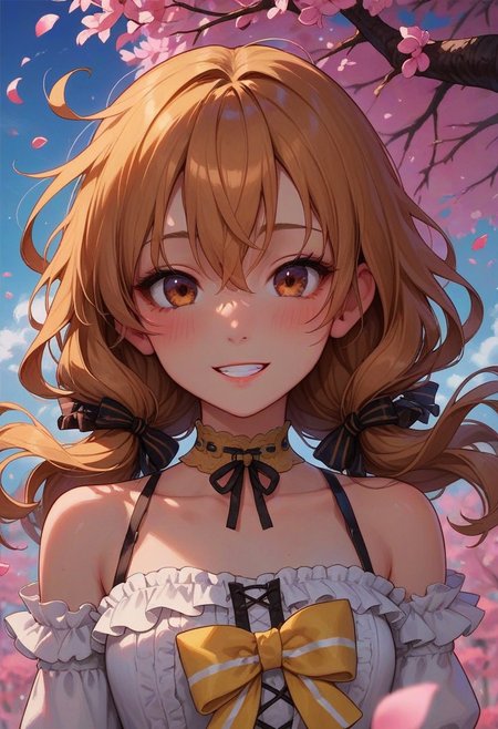 score_9_up, score_8_up, score_7_up, score_6_up, 1girl, 25 years old, perfect face, cute, petite, 
three quarter view, detailed face, portrait, face focus, depth of field, looking at viewer, blush, shy smile, close up, 
brown eyes,
yellow hair, long hair, low twintails, wavy hair, sidelocks,  floating hair, hair between eyes, hair ribbon, black ribbon, 
bow choker, yellow choker, 
cross-laced clothes, striped clothes, 
bare shoulders, frilled sleeves, frills, off-shoulder shirt, 
(((white shirt))), frilled shirt, puffy sleeves, yellow bow, striped bow, yellow bowtie, 
floating clothes, 
day, blue sky, cherry blossoms, falling petals, outdoors, spring (season), wind,