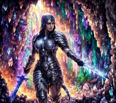 RAW photo, (masterpiece:1.3), subsurface scattering, heavy shadow, (high quality:1.4), (intricate, high detail:1.2), professional photography, HDR, High Dynamic Range, realistic, ultra realistic, photorealistic, high resolution, film photography, ambient lighting, atmospheric effects, <lora:detail_slider_v4:2>, OverallDetail, <lora:CrystalCaves:0.9>, cave, cryca, colorful crystals, gems, beams of light, water dripping from walls,  <lora:Battlemage:1>, battlemage, woman, holding sword, intricate armor. epiCPhoto