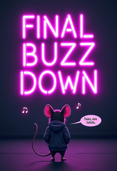 A massive purple neon sign reads "FINAL BUZZDOWN" in bold letters, glowing intensely. Below, a hoodie-wearing mouse walks casually with hands in its pockets, whistling. Two small musical notes float near its head. A speech bubble next to the mouse says: "Tütürü rürü tütütü." The scene is playful yet surreal, with an urban nighttime vibe.