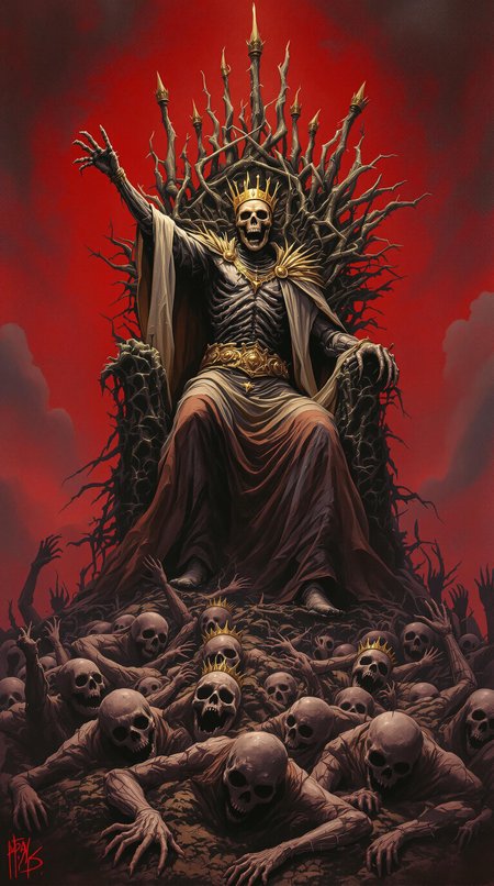 A hauntingly beautiful and grotesque painting depicting a decaying king standing triumphantly atop a battlefield filled with the fallen. His tattered ceremonial robes flutter in the blood-red sky, while his skeletal face, hidden beneath a golden mask, etches a sorrowful yet defiant expression. Behind him, the looming throne of twisted iron and bone, adorned with the crowns of the defeated, adds to the somber atmosphere. The spectral warriors rising from the corpses, bound to his command, create an eerie and powerful scene. The thick, painterly textures give the artwork a visceral quality, reminiscent of Frank Frazetta's fantasy masterpieces with a touch of Goya's nightmarish realism. The palette of deep blacks, tarnished golds, and sickly purples enhances the tragic grandeur of, cinematic, painting