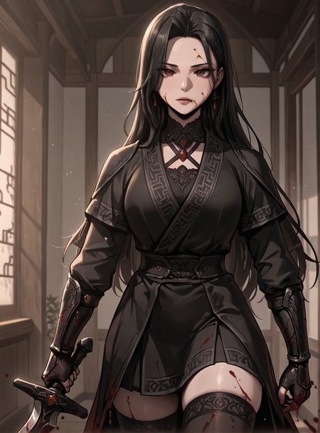 HDR,masterpiece, absurdres, newest, highres, very aesthetic, detailed eyes, fit body, godrays, ambient occlusion, soft lighting, highest quality, (volumetric lighiting:1.1), realistic skin, low lighting, trending on artstation, gothic,
adult, LGSPX, (anime screencap:1.3), anime screencap, Gu Huibi, black hair, long hair, dark red eyes, mature female,
BREAK
1girl, black dress, blood, blood on face, blood splatter, breasts, dress, gauntlets, holding, jewelry, long sleeves, kimono, parted bangs, solo, sword, thick thighs, thighhighs, thighs, weapon
<lora:princess_xl_v2:0.6> <lora:add-detail-xl:0.25>  <lora:30_LOL:0.6>  <lora:g0th1cPXL:0.4>  <lora:Gu_Huibi-000091:0.7>