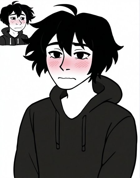 toon \(style\), 2d,
<lora:Wojak_style:1.1>Wojak style,
black hoodie,hood,male focus, solo,
blush,1boy,ahoge,feminine boy,solo focus, 
wojak style, black hair, eyelashes,