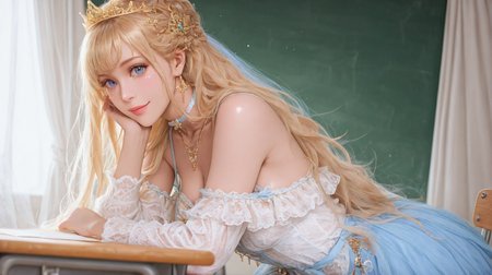 (masterpiece, best quality,realistic,from side:1.3),absurdres,(looking at viewer,  collarbone,),(shiny_eyes,sparkling_eyes,smile:1.3),
1girl,solo,blonde hair,blue eyes,very long hair,cshy,jewelry,dress,long sleeves,hair ornament,earrings,necklace,lace,tiara,choker,bow,lace-trimmed dress,bare shoulders,
cleavage,medium breasts,bouncing breasts,classroom,<lora:aidmaImageUpgrader-v0.3-IL:0.6>,<lora:cshy(IL):0.85>,