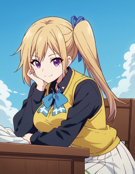 score_9, score_8_up, score_7_up, source_anime, <lora:mai-kawakami-s1-ponyxl-lora-nochekaiser:1>, mai kawakami, blonde hair, hair ribbon, long hair, mole, mole under eye, ribbon, side ponytail, purple eyes, large breasts,, school uniform, skirt, vest, yellow vest, skirt, white skirt,, laundry day, clothesline, drying clothes, domestic life, fresh air, blue sky, smile, looking at viewer, sitting, elbow rest, table,, solo,, dutch angle,