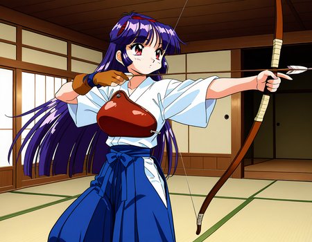 general,highres, ultra-detailed,very aesthetic,best quality ,best hands,  BREAK  <lora:Shiraishi_Yumiko_IS:1>ShiraishiYumiko, long hair, red eyes, red hairband, purple hair, large breasts, blunt bangs,
1girl, bow (weapon), weapon, holding bow (weapon), solo, gloves, 1990s (style), holding weapon, retro artstyle, holding, arrow (projectile), japanese clothes, kyuudou, archery, drawing bow, holding arrow, yugake, hakama, muneate, hakama skirt, partially fingerless gloves, single glove, fingerless gloves, skirt, blue hair,
Japanese room, tatami,