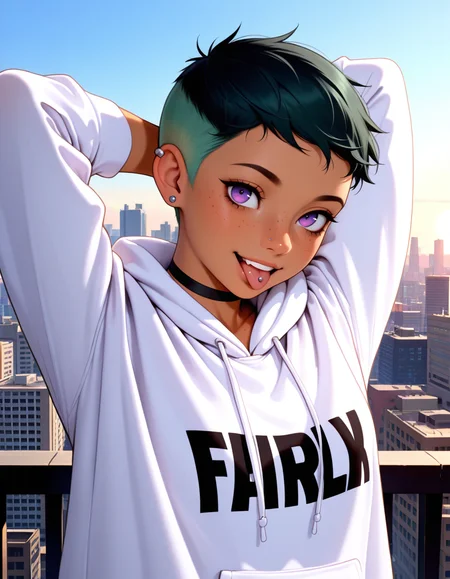 masterpiece, best quality, very aesthetic, absurdres,
outdoors, cityscape, 
hoodie, 
headshot, head tilt, happy,  tongue out, tongue piercing, arms behind head, 
<lora:Riley_Fairfeather_v01_NAIXL:1>
R1l3y_Fairf3ath3r, 1girl, solo, very short hair, multicolored hair, black hair, green hair, undercut, ear piercing, purple eyes, nose piercing, freckles, black choker, dark skin,