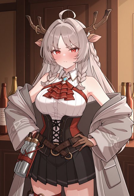 highres, best quality, masterpiece, indoors,
1girl, solo, pcrlsmr, long hair, grey hair, brown hair, twin braids, red eyes, deer ears, antlers, horn ring, ahoge,
plsmdef, grey jacket, coat, off-shoulder, open jacket, sleeveless, bare shoulders, white shirt, collared shirt, red ascot, frilled ascot, black corset, red corset, brown gloves, black skirt, pleated skirt, belt, thigh strap, bottle,
blush, serious, tsundere, looking at viewer, 
standing, hand on own hip, 
<lora:_louise_marie_pcr-elesico-ilxlA:1>
