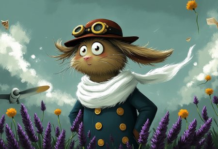 A whimsical illustration of a tall lanky hare in a vintage pilot's uniform in dark whimsical art style, wearing a leather aviator cap with goggles, navy blue jacket with brass buttons and white silk scarf, standing beside a weathered propeller surrounded by floating purple lavender and windswept marigolds, digital painting with dynamic brushstrokes showing ruffled fur and billowing fabric, stormy teal sky background with drifting clouds, characteristic Tim Burton inspired design with enormous round silver eyes and determined expression, vintage aviation maps scattered in the breeze.