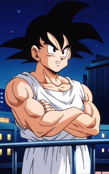 score_9, score_8_up, score_7_up, BREAK
ARTSTYLE_DragonBallZ_ownwaifu,  retro artstyle, 1990s \(style\), 
1boy, male focus, black hair, black eyes, spiked hair, son goku, 
dougi, collarbone, muscular male,
(standing, arm_support), railing, cityscape, night, city, city lights, scenery, starry sky, vanishing point, outdoors, <lora:PONY_STYLE_DragonBallZ_ownwaifu:0.8> , depth of field, solo,