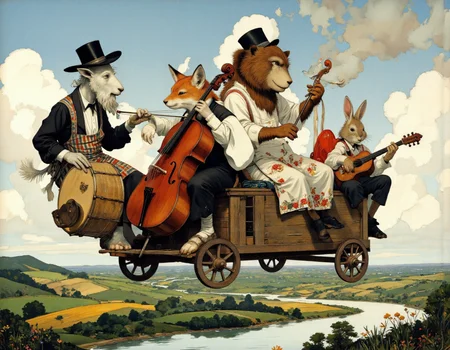 <lora:bear:1>, This image is a vibrant, whimsical painting in a folk art style. It depicts four cartoonish animals, each dressed in traditional Jewish attire from the 19th century, playing musical instruments on a wooden cart floating in mid-air. The background is a cloudy, dreamlike sky with shades of blue and white., 
The first animal on the left is an elderly goat playing a drum, wearing a black hat, a white shirt, and a dark vest over a striped apron. He has a long, curly white beard and a gentle expression. Next to him, the second animal is a fox playing a violin, dressed in a white shirt, a black vest, and a striped apron. He wears a black hat and has a small, white bird perched on his shoulder., 
The third animal, seated in the middle, is a bear playing a cello and has a more serious expression. He is dressed similarly to the others, with a white shirt, black vest, and striped apron. The fourth animal, on the right, is a cheerful rabbit playing a mandolin. He is dressed in a white shirt, black vest, and striped apron, with a black hat tilted slightly to one side., 
The cart they are sitting on has wooden wheels and a wooden body, with a simple design adorned with colorful flowers and patterns. Below, the landscape is flat, featuring rolling green hills dotted with wildflowers and winding rivers that shimmer under the soft glow of the dreamlike sky., 
This playful scene captures the joy and harmony of music, brought to life through these delightful cartoonish animal musicians.