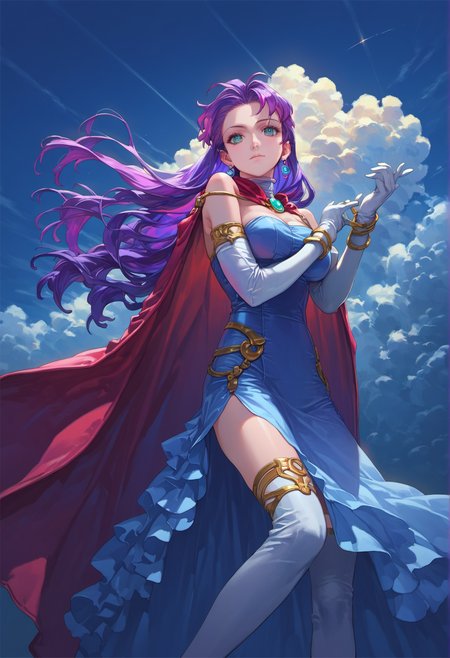 score_9, score_8_up, score_7_up, score_6_up,
yurihiro kajimoto, 1990s \(style\), 
1girl, celine_jules, 1girl, bare_shoulders, cape, dress, earrings, elbow_gloves, gloves, high_heels, jewelry, large_breasts, long_hair, purple_hair, thighhighs, white_gloves, zettai_ryouiki, beautiful detailed eyes, very aesthetic,
upper body, (close-up:1.4), cowboy shot, clouds,
<lora:yukihiro_kajimoto_so2r_pony:0.8>
<lora:IOS_Iridescent_opal_style:0.8>