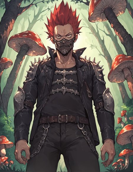 score_9, score_8_up, score_7_up,score_6_up,high resolution,qhayastyle,source_anime,en,1boy,spiked hair,red hair,mask,fur jacket,pants,belt,shoulder pads,mushroom,forest,rim lighting,dof,solo,pov,dirtyfrom below